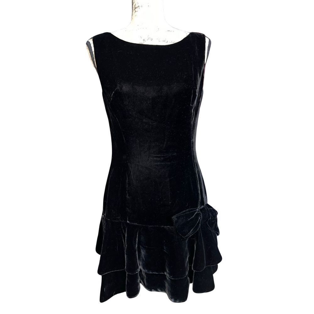Vtg 1980s Sandine Originals Black Velvet Tiered Ruffle Cocktail Mini Dress Sz 11